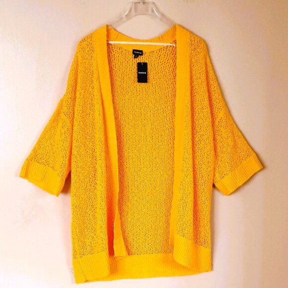 Torrid Yellow Open Stitch Cardigan 4X Short Sleeved Loose Fit Sweater Stretch - Picture 1 of 9